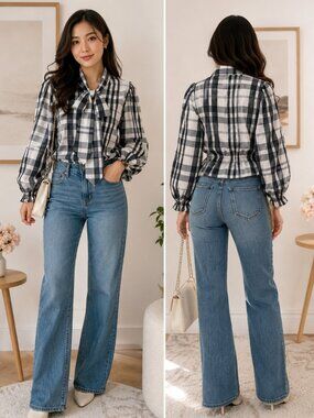 Zara Plaid Tie Neck Blouse Gray Black White Puff Sleeve Size M